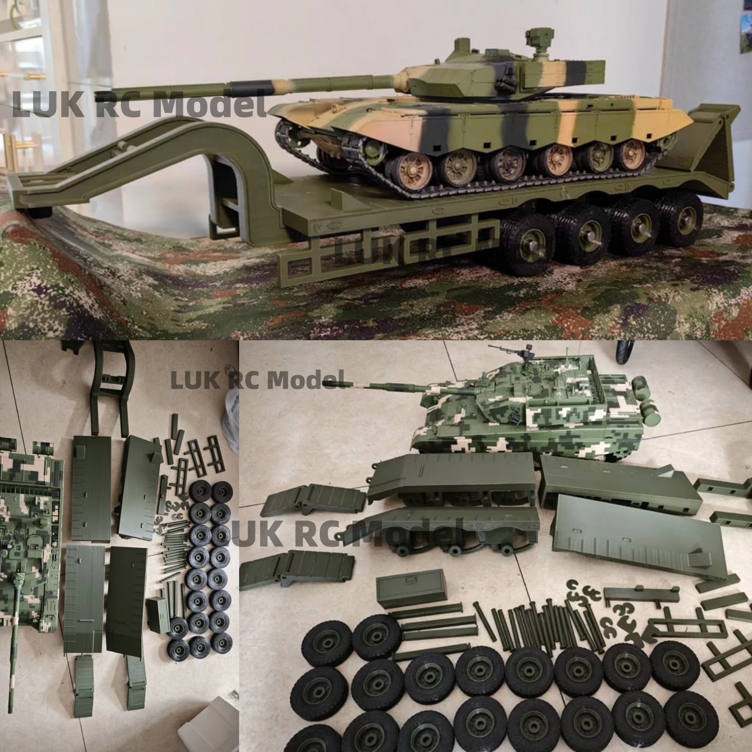 4 Axles Heavy Trailer KIT 1/16 RC Tank 99A Plastic TPU Printed Green Tiger I 2A6 T90 DIY Parts Military 1/12 Loader Tractor Toy